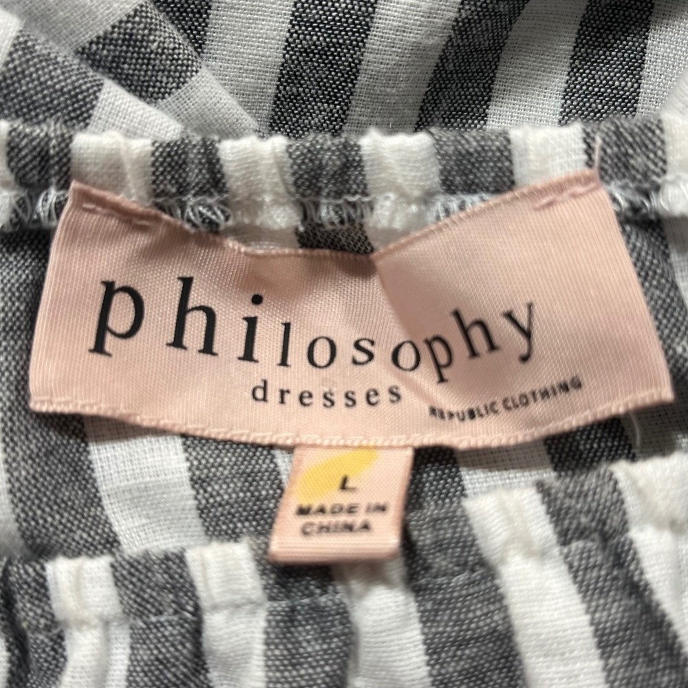 Philosophy Gray White Striped Embroidered Floral Sleeve Dress Linen Boho‎ Large - Picture 7 of 9